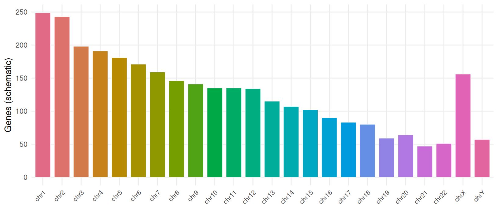 Bar chart of schematic gene counts for chromosomes 1 to 22, X and Y, with each bar assigned one of 24 HCL colors; the chromosome labels carry identity.