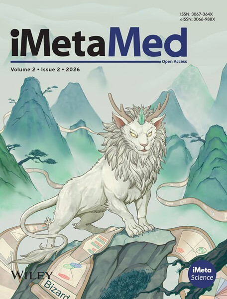 iMetaMed Vol 2, Issue 2 cover — Bai Ze (Bizard) with a scroll of biomedical data charts